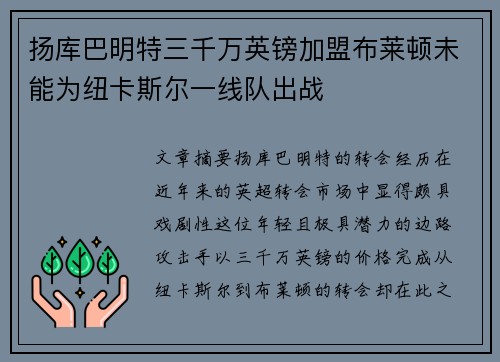 扬库巴明特三千万英镑加盟布莱顿未能为纽卡斯尔一线队出战