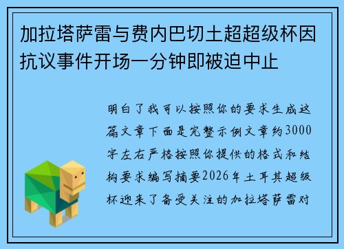 加拉塔萨雷与费内巴切土超超级杯因抗议事件开场一分钟即被迫中止 加拉塔萨雷与费内巴切土超超级杯因抗议事件开场一分钟即被迫中止